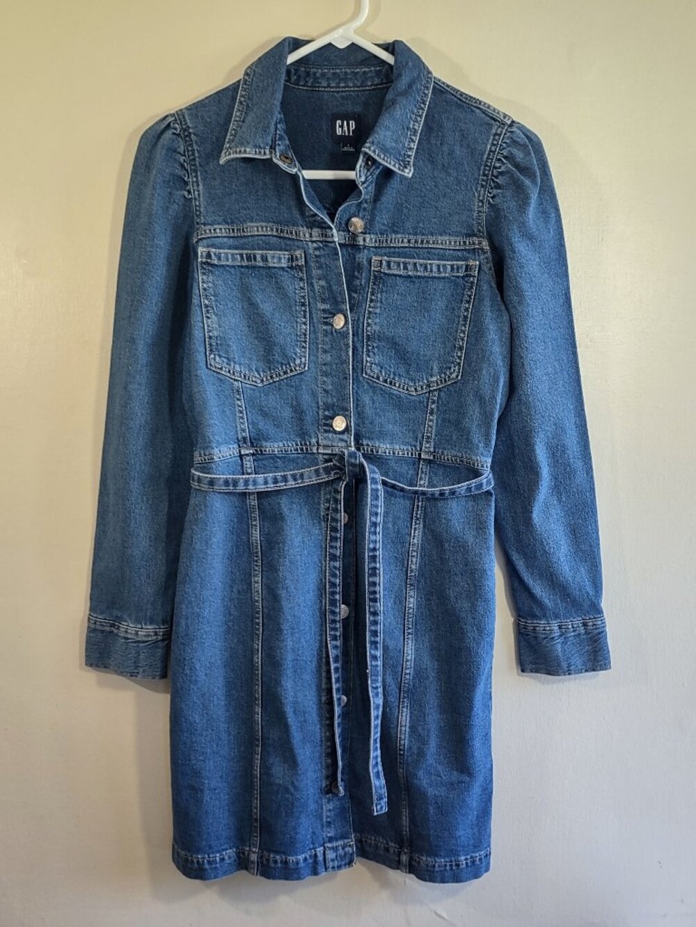 GAP Denim Shirt Dress Long Puff Sleeve Size 4 Boho Indie Elevated Casual